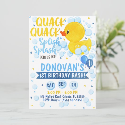 Blauwe Rubber Eendje Uitnodiging (Staand voorkant)