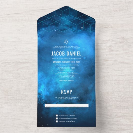Blauwe ruimte Galaxy Bar Mitzvah All In One Uitnodiging (Binnen)