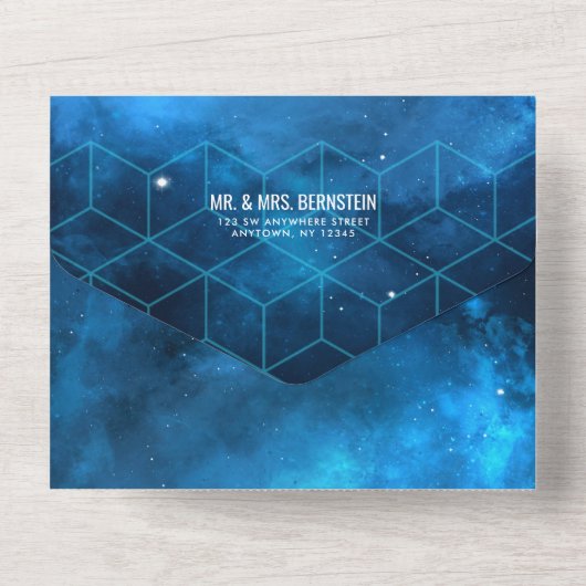 Blauwe ruimte Galaxy Bar Mitzvah All In One Uitnodiging (Achterkant)