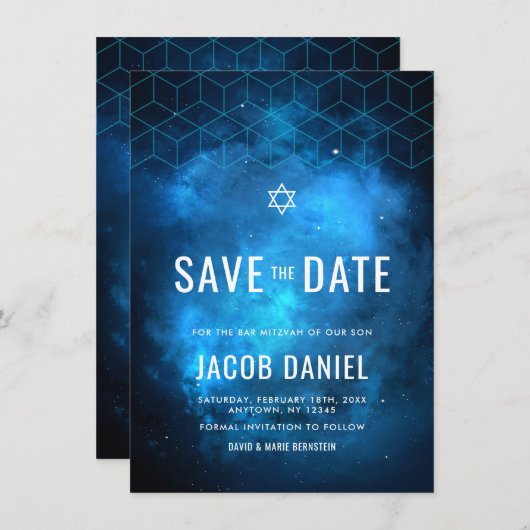 Blauwe ruimte Galaxy Bar Mitzvah Save The Date (Voorkant / Achterkant)