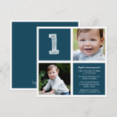 Blauwe ruimte voor vierkanten Eerste verjaardag Fo Kaart (Voorkant / Achterkant)