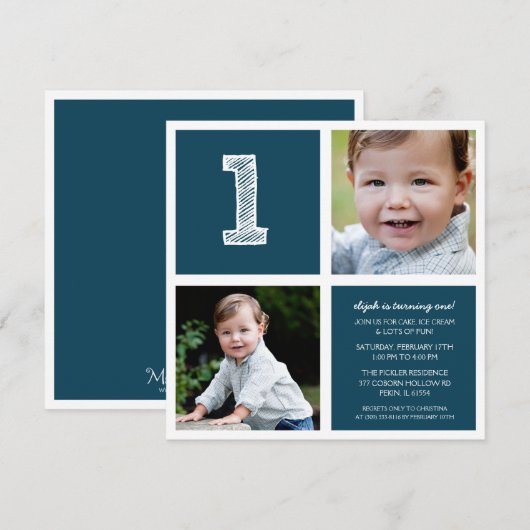 Blauwe ruimte voor vierkanten Eerste verjaardag Fo Kaart (Voorkant / Achterkant)