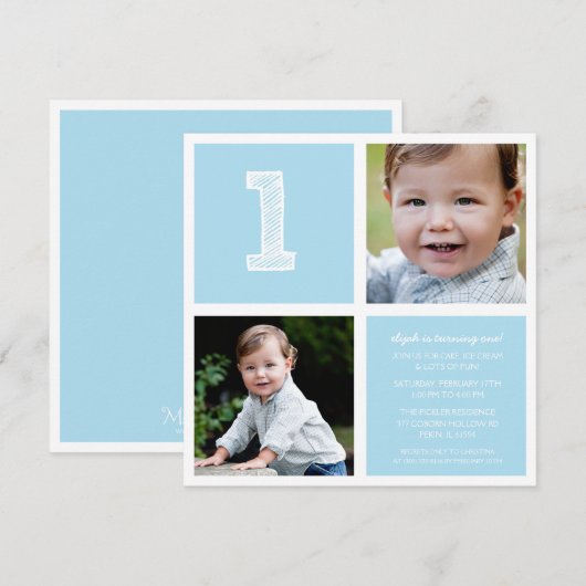 Blauwe ruimte voor vierkanten Eerste verjaardag Fo Kaart (Voorkant / Achterkant)