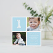 Blauwe ruimte voor vierkanten Eerste verjaardag Fo Kaart (Staand voorkant)