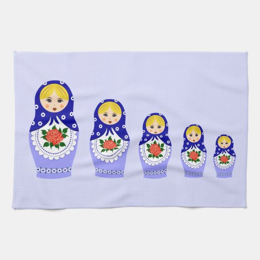 Blauwe russische matryoshka nestpoppen theedoek (Horizontaal)