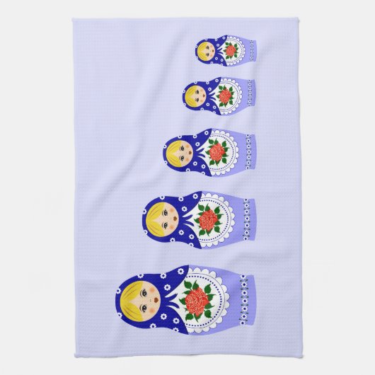 Blauwe russische matryoshka nestpoppen theedoek (Verticaal)