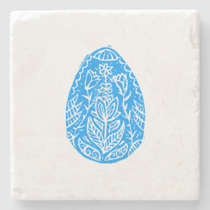 Blauwe rustieke Bloemen Paaseieren Linocut Stenen Onderzetter