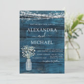 Blauwe rustieke boerderij Baby's Breath Jar Bruilo Kaart (Staand voorkant)