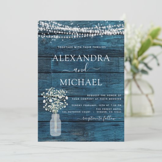 Blauwe rustieke boerderij Baby's Breath Jar Bruilo Kaart (Staand voorkant)