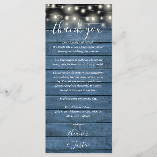 Blauwe rustieke bruiloft receptie dank u plaats ka menu (Voorkant)