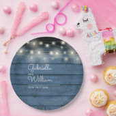 Blauwe Rustieke Houten Slingerlichtjes Scriptie Br Papieren Bordje (Feest)