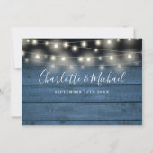 Blauwe rustieke Houten Strijklichten Bruiloft Deta Kaart (Achterkant)