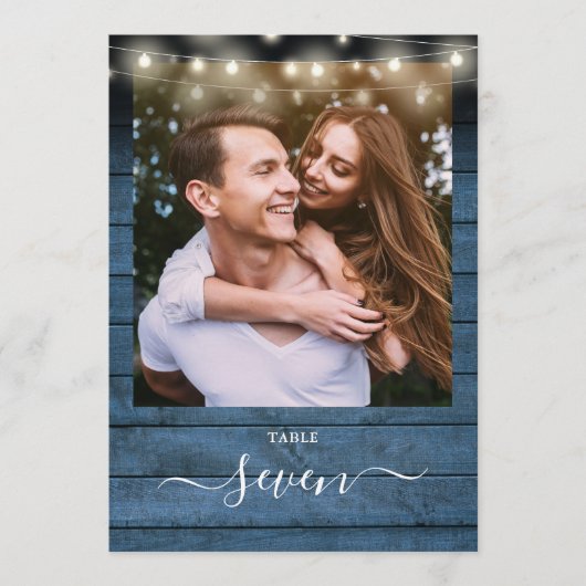 Blauwe rustieke Houten Strijklichten Fotolijstnumm Kaart (Voorkant)