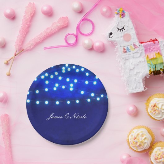 Blauwe rustieke nacht String Lights Bruiloft Borde Papieren Bordje (Feest)