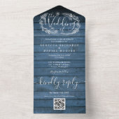 Blauwe rustieke schuur hout QR Code Bloemen bruilo All In One Uitnodiging (Binnen)