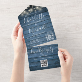 Blauwe Rustieke Slingerlichten Metselarenpotten QR All In One Uitnodiging
