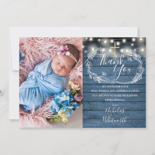 Blauwe Rustieke Slingerlichtjes Foto Doop  Bedankkaart (Voorkant)