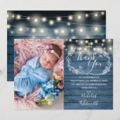 Blauwe Rustieke Slingerlichtjes Foto Doop  Bedankkaart (Voorkant / Achterkant)