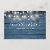 Blauwe rustieke String Lights Script bruiloft deta Informatiekaartje (Achterkant)
