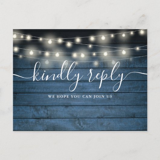 Blauwe rustieke String Lights Song Aanvraag RSVP Uitnodiging Briefkaart (Voorkant)