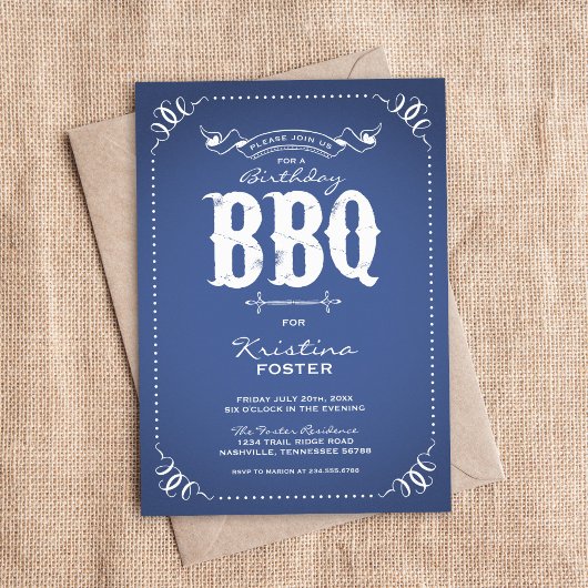 Blauwe rustieke verjaardagsfeestje BBQ Kaart