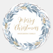 Blauwe rustieke Waterverf gepersonaliseerde kerst Ronde Sticker (Voorkant)