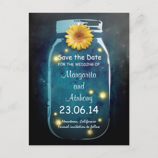 Blauwe Rustieke Whimsical Mason Jar Save the Date Aankondigingskaart (Voorkant)