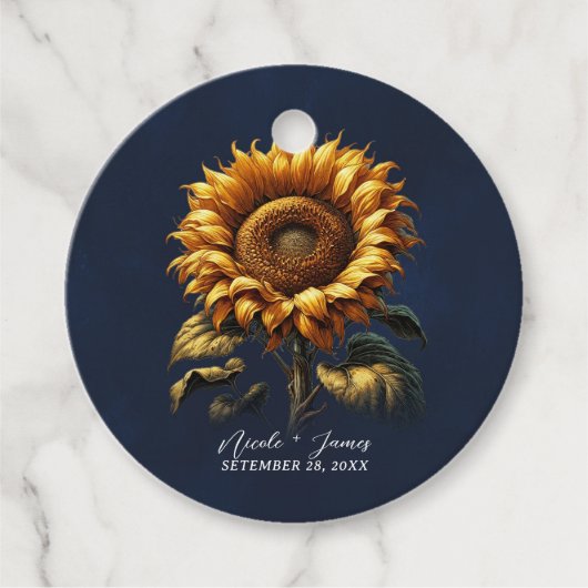 Blauwe Rustieke Zonnebloem Bruiloft Bruidsfeest Bedankjes Labels (Voorkant)