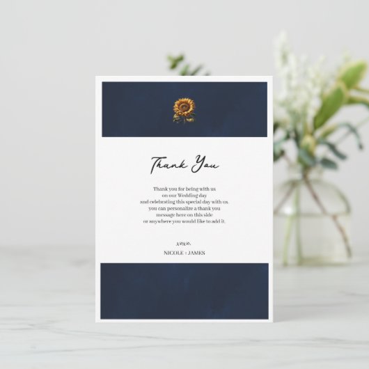 Blauwe rustieke zonnebloem bruiloft dank u kaart (Staand voorkant)