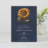 Blauwe rustieke zonnebloem bruiloft kaart (Staand voorkant)