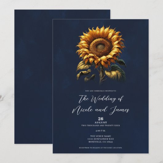 Blauwe rustieke zonnebloem bruiloft kaart (Voorkant / Achterkant)
