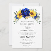 Blauwe Rustieke Zonnebloem Budget QR Code Bruiloft Kaart (Voorkant)