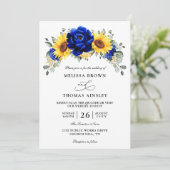 Blauwe Rustieke Zonnebloem Budget QR Code Bruiloft Kaart (Staand voorkant)
