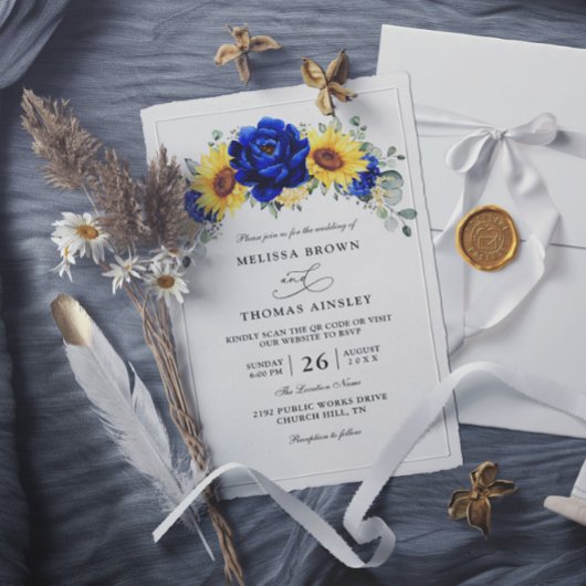 Blauwe Rustieke Zonnebloem Budget QR Code Bruiloft Kaart