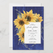 Blauwe rustieke Zonnebloem thema, Land bruiloft Kaart (Voorkant)