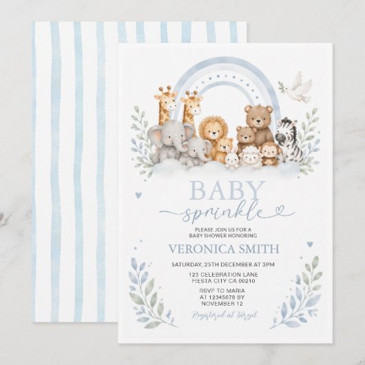 Blauwe Safari Baby Sprinkle Uitnodiging (Voorkant / Achterkant)