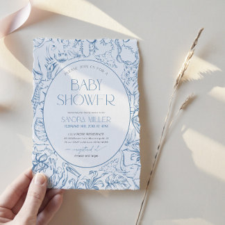 Blauwe Safari Toile de Jouy Baby Shower-uitnodigin Kaart