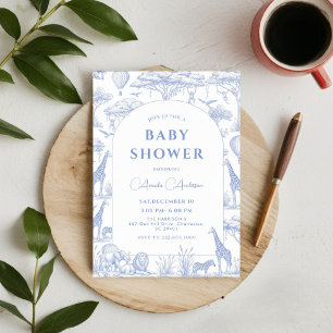 blauwe Safari Toile De Jouy Jongens Baby Shower  Kaart
