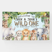 Blauwe Safari Twins Wild Ones 1e Verjaardag Welkom Spandoek (Horizontaal)