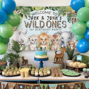 Blauwe Safari Twins Wild Ones 1e Verjaardag Welkom Spandoek
