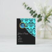 BLAUWE SAFFIER DAMAST MONOGRAM ,turquase Visitekaartje (Staand voorkant)