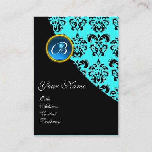 BLAUWE SAFFIER DAMAST MONOGRAM ,turquase Visitekaartje (Voorkant)