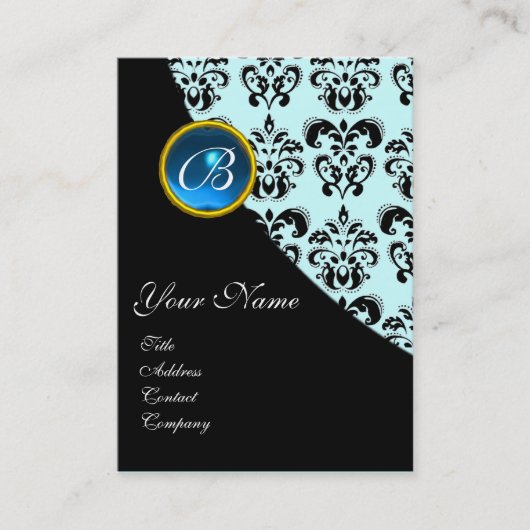 BLAUWE SAFFIER DAMAST MONOGRAM VISITEKAARTJE (Voorkant)