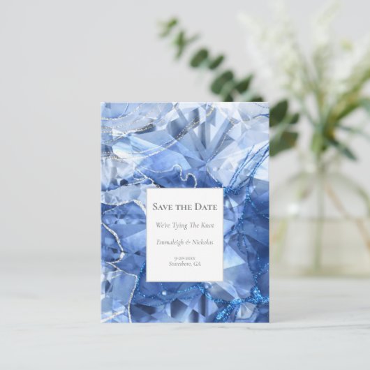 Blauwe saffier edelsteen Save the Date Briefkaart (Staand voorkant)