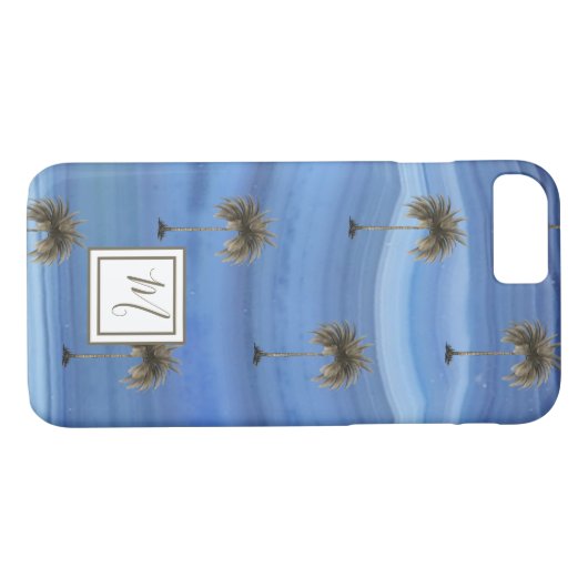 Blauwe saffier Elegant Tropische Palm Tree Monogra Case-Mate iPhone Case (Achterkant (Horizontaal))