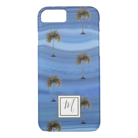Blauwe saffier Elegant Tropische Palm Tree Monogra Case-Mate iPhone Case (Achterkant)