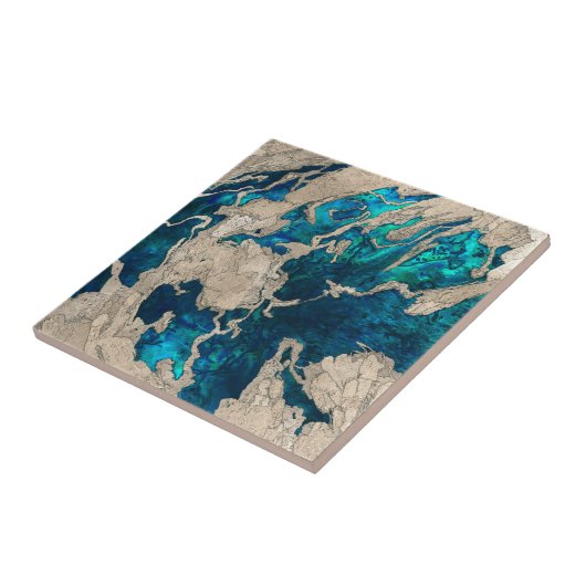 Blauwe saffier en cementgemengde media abstract tegeltje (Zijkant)