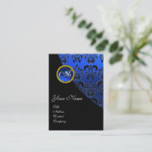 BLAUWE SAFFIER ZWARTE DAMAST MONOGRAM VISITEKAARTJE (Staand voorkant)
