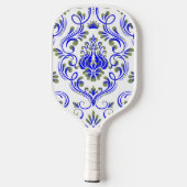 Blauwe Sage Groen en Wit Damask Bloemen Pickleball Paddle (Achterkant)