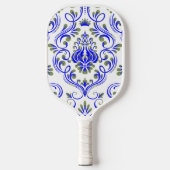 Blauwe Sage Groen en Wit Damask Bloemen Pickleball Paddle (Voorkant)